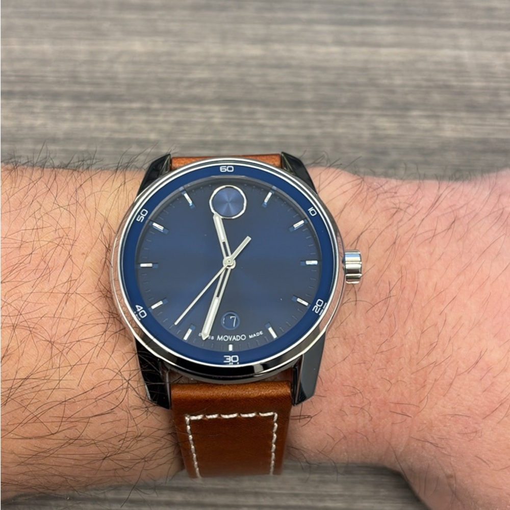 Movado Blue Dial Watch with Brown Leather Strap